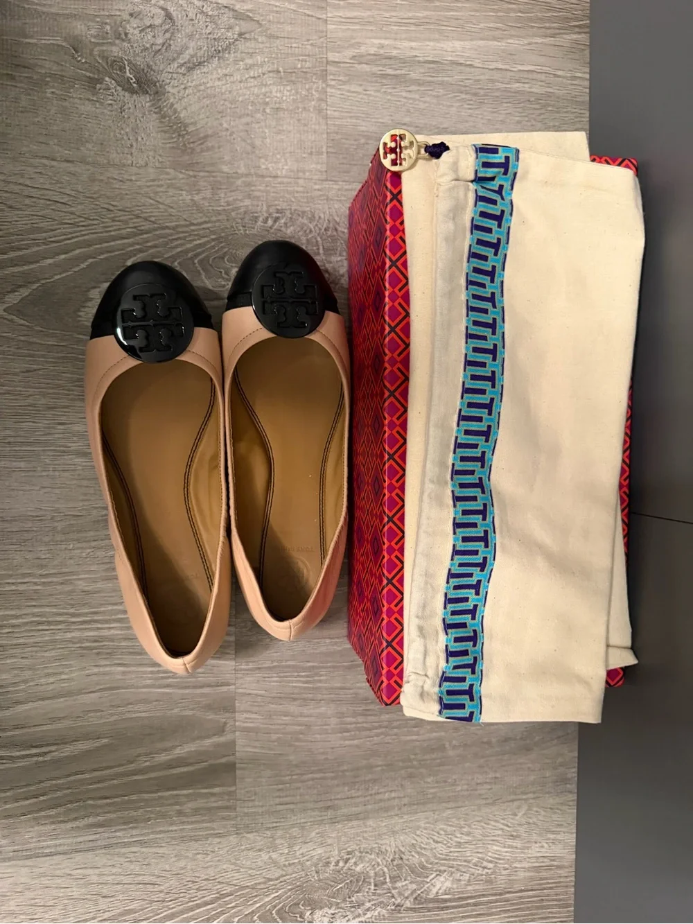 Tory Burch Pink and Black Reva Cap-Toe Leather Flats